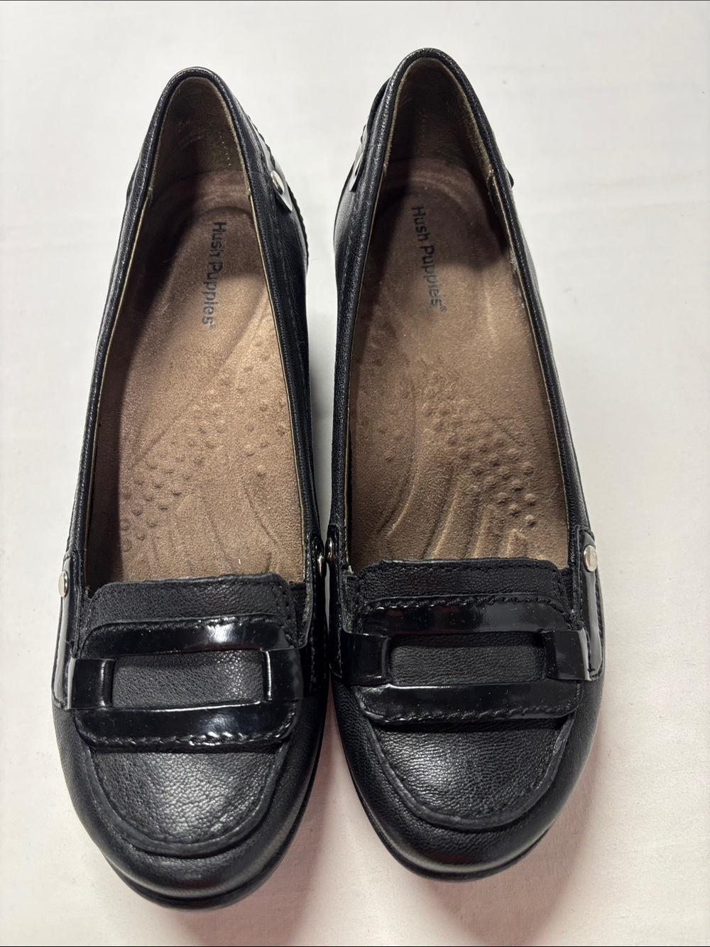 Hush Puppies Women's Black Leather Loafers with Buckle Accent